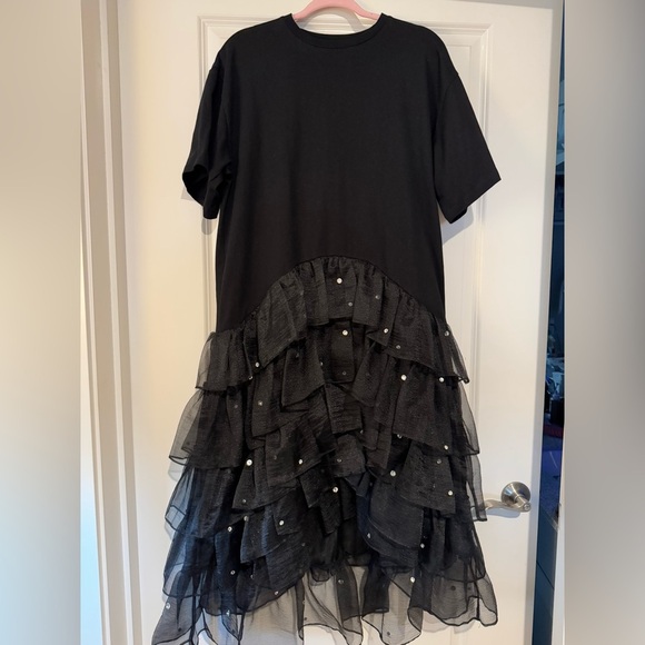 NEW Cynthia Rowley Fete Ruffle Tee Dress Size Small Black Rhinestone Party NWOT - Picture 4 of 9